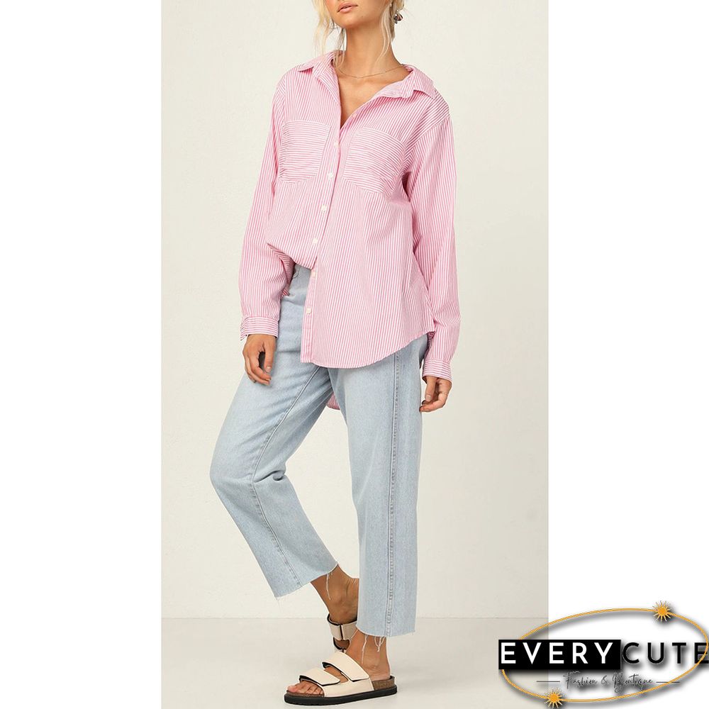 Pink Striped Print Button Long Sleeve Shirt