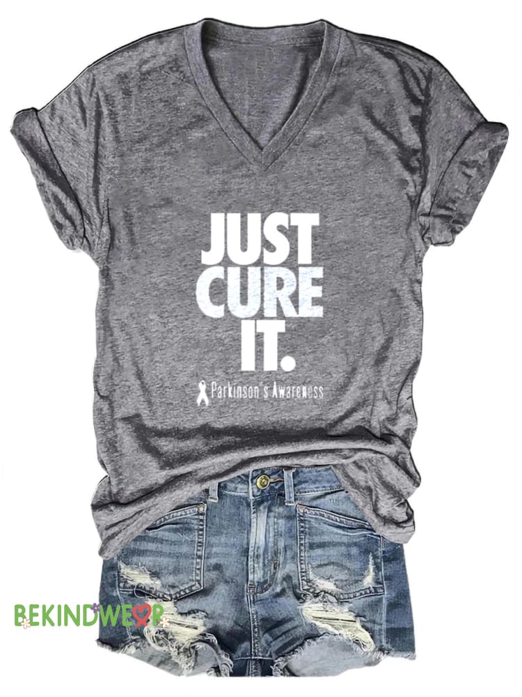 Just Cure It Parkinson&rsquo;s Awareness Print Casual V-Neck Short Sleeve T-Shirt Grey / S