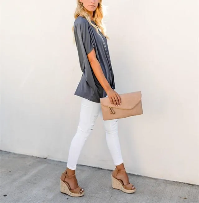 Sexy Pure Color Slanted Shoulder Baggy Blouse T-Shirt