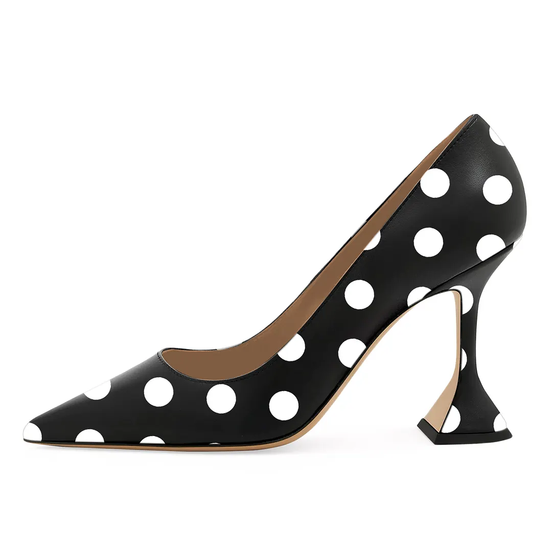 Black & White Polka Dot Vegan Leather Pointed Toe Flared Heel Pumps  