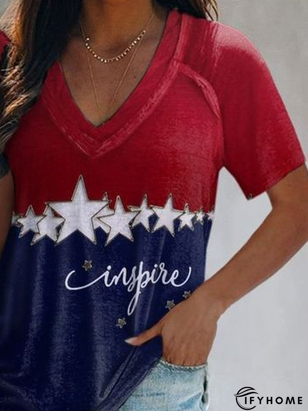 Women's American Festivals Stars Print Casual Color Block Loosen Tunic T-Shirt | IFYHOME