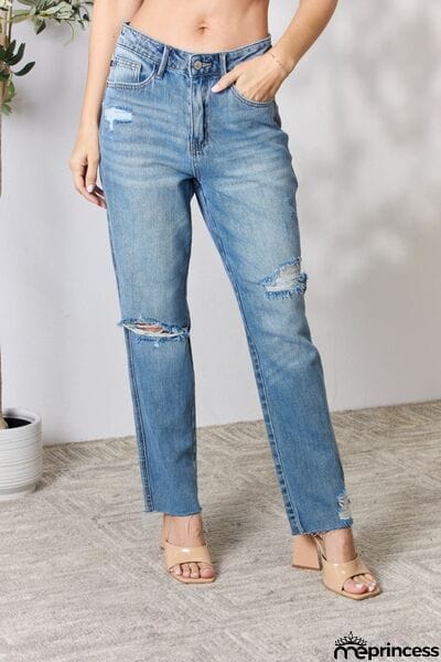Judy Blue Full Size Distressed Raw Hem Straight Jeans
