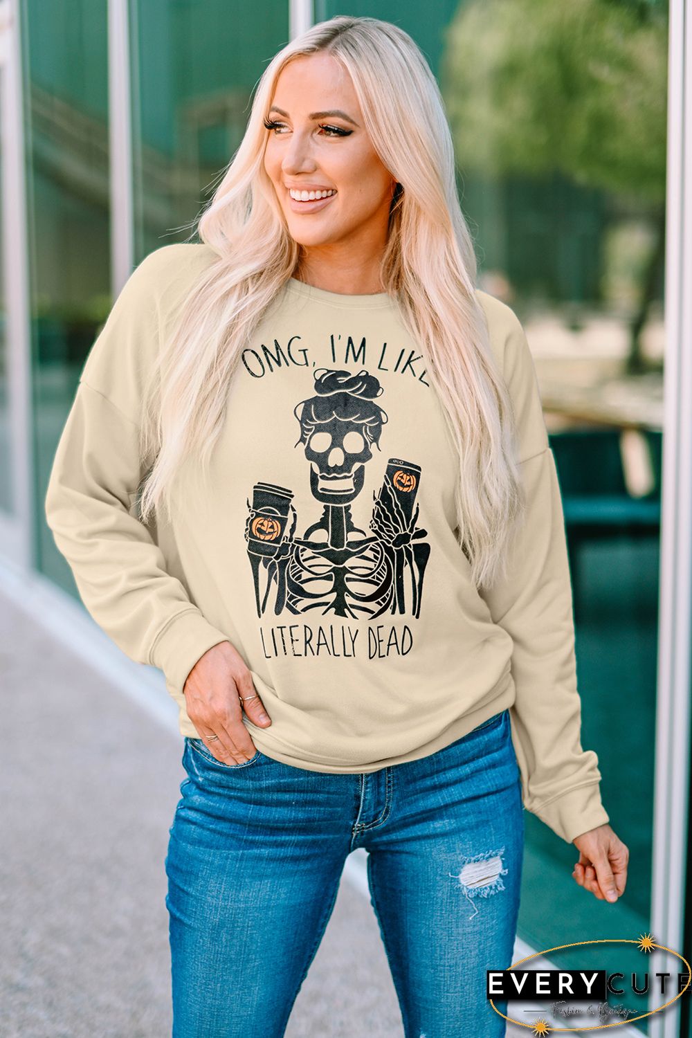 Halloween Skeleton Letter Print Crew Neck Pullover Sweatshirt