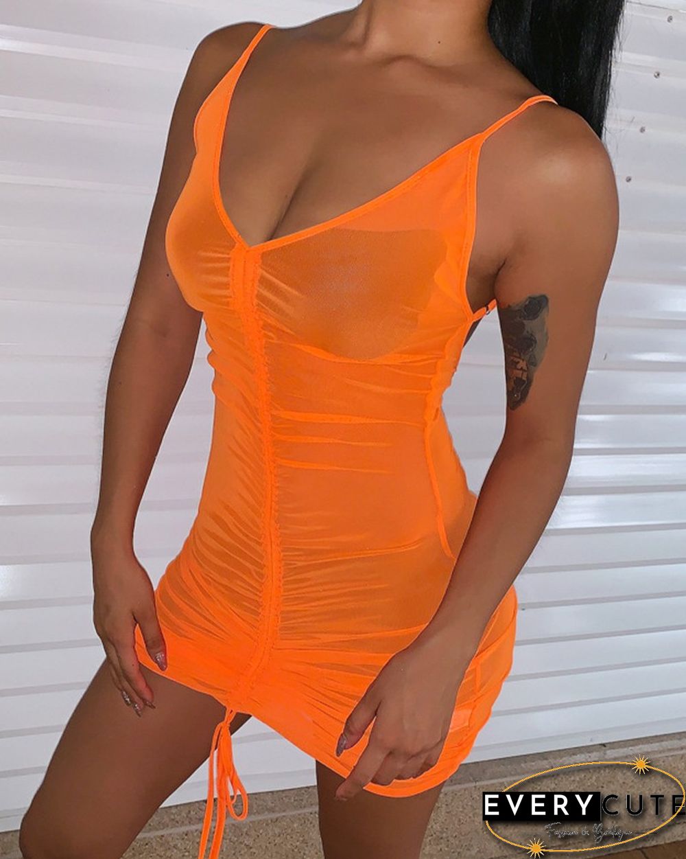 Solid Strap Mesh See-through Ruched Mini Bodycon Dress
