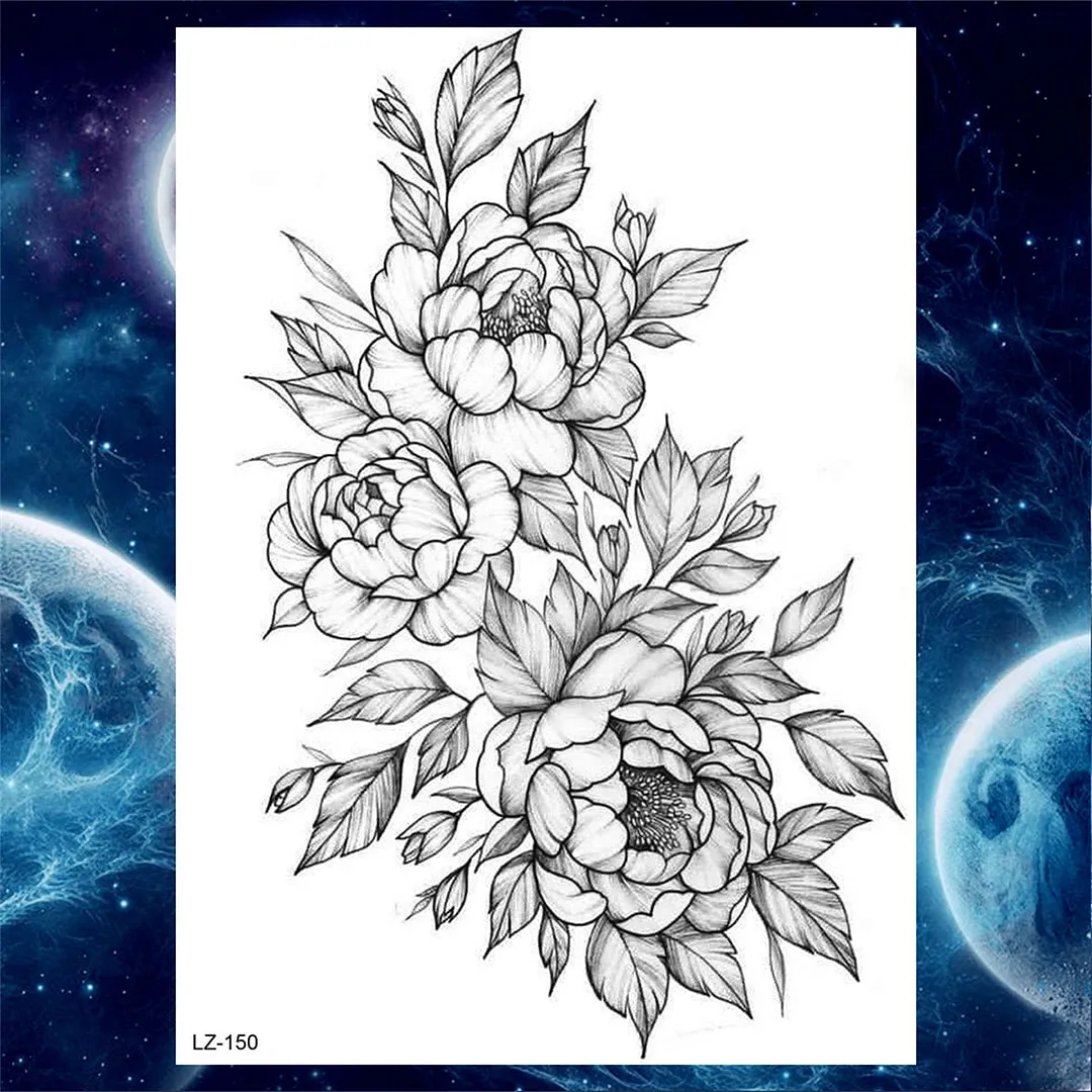 Black Rose Flower Temporary Tattoos For Women Girls Floral Peony Tattoo Sticker Dahlia Fake Anemone 3D Arm Tatoos Self Adhesive