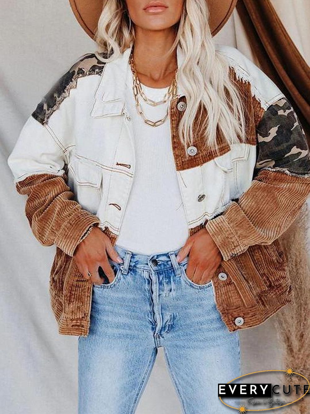 Women's Jackets Lapel Retro Camouflage Corduroy Jacket