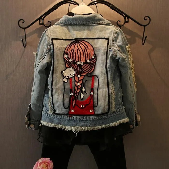 2-7T Floral Denim Jackets For Girls Toddler Kid Baby Girl Spring Clothes Long Sleeve Cute Sweet Back Flower Print Coat Outwear