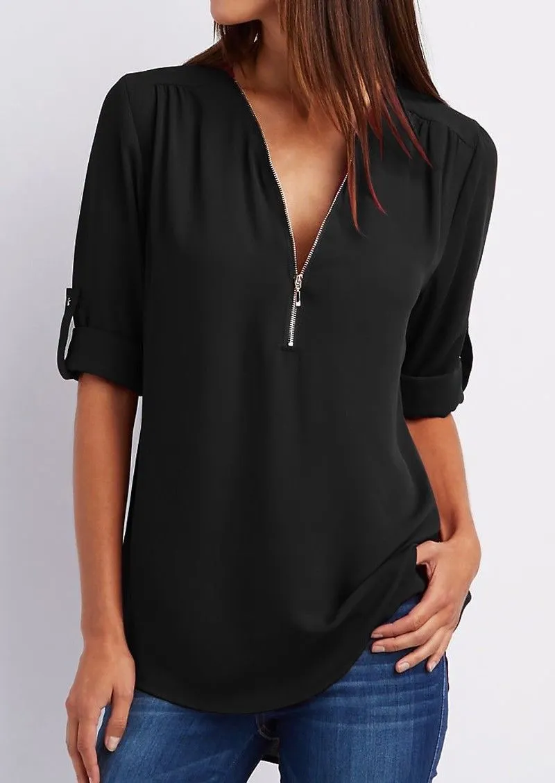 V-Neck  Zips  Plain  Roll-Up Sleeve  Long Sleeve Blouses