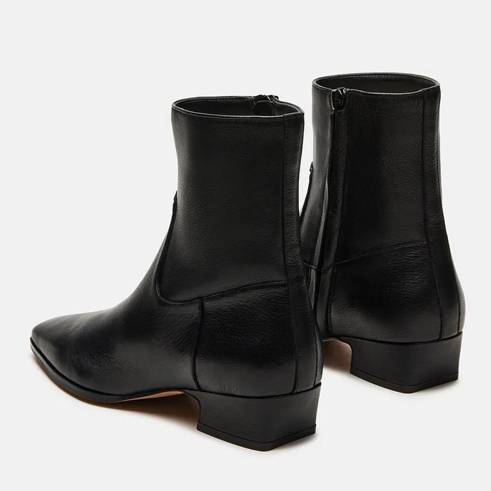 Black Vegan Leather Chunky Heel Square Toe Zipper Ankle Boots