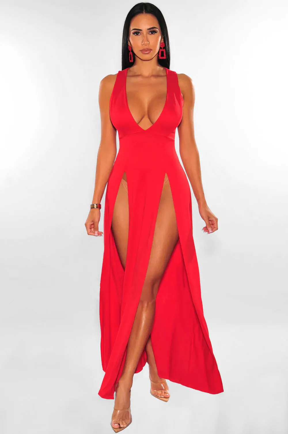 Brownm Summer Long Deep V Split Multi-color Dresses