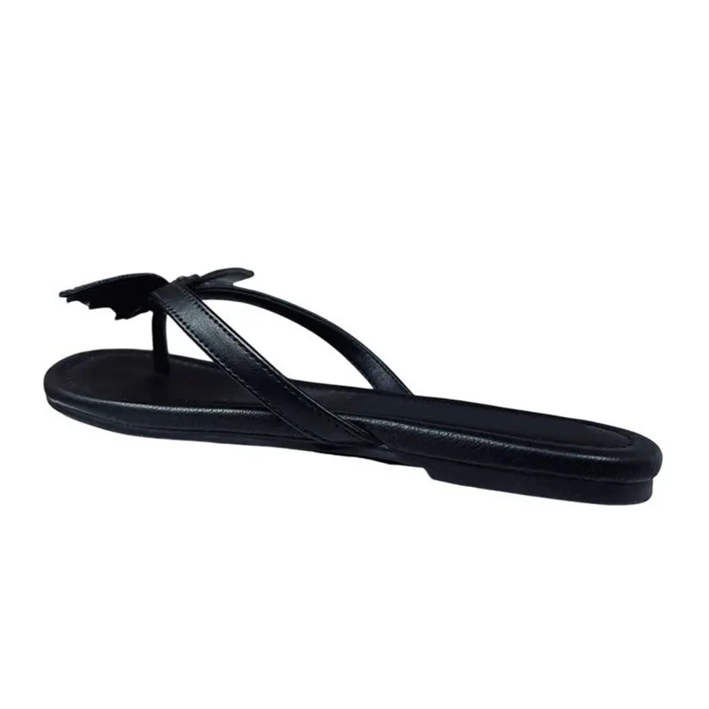Black Open Toe Flat Rhinestone Bat Flip Flop Women's Sandals