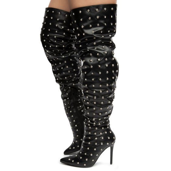 GOOSHOE All Rivet Heels Over The Knee Boots Women Thigh High Heel Boots Black Shoes Woman Large Size Heels