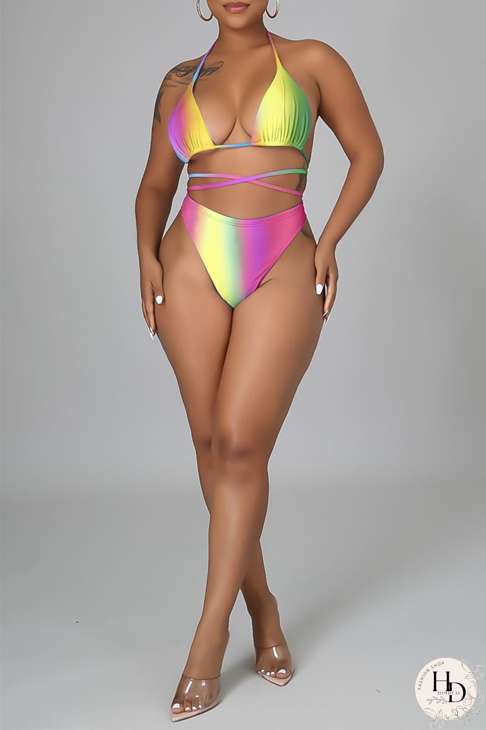 Yellow Fashion Sexy Print Backless Strap Design Halter Sleeveless Three-piece Set