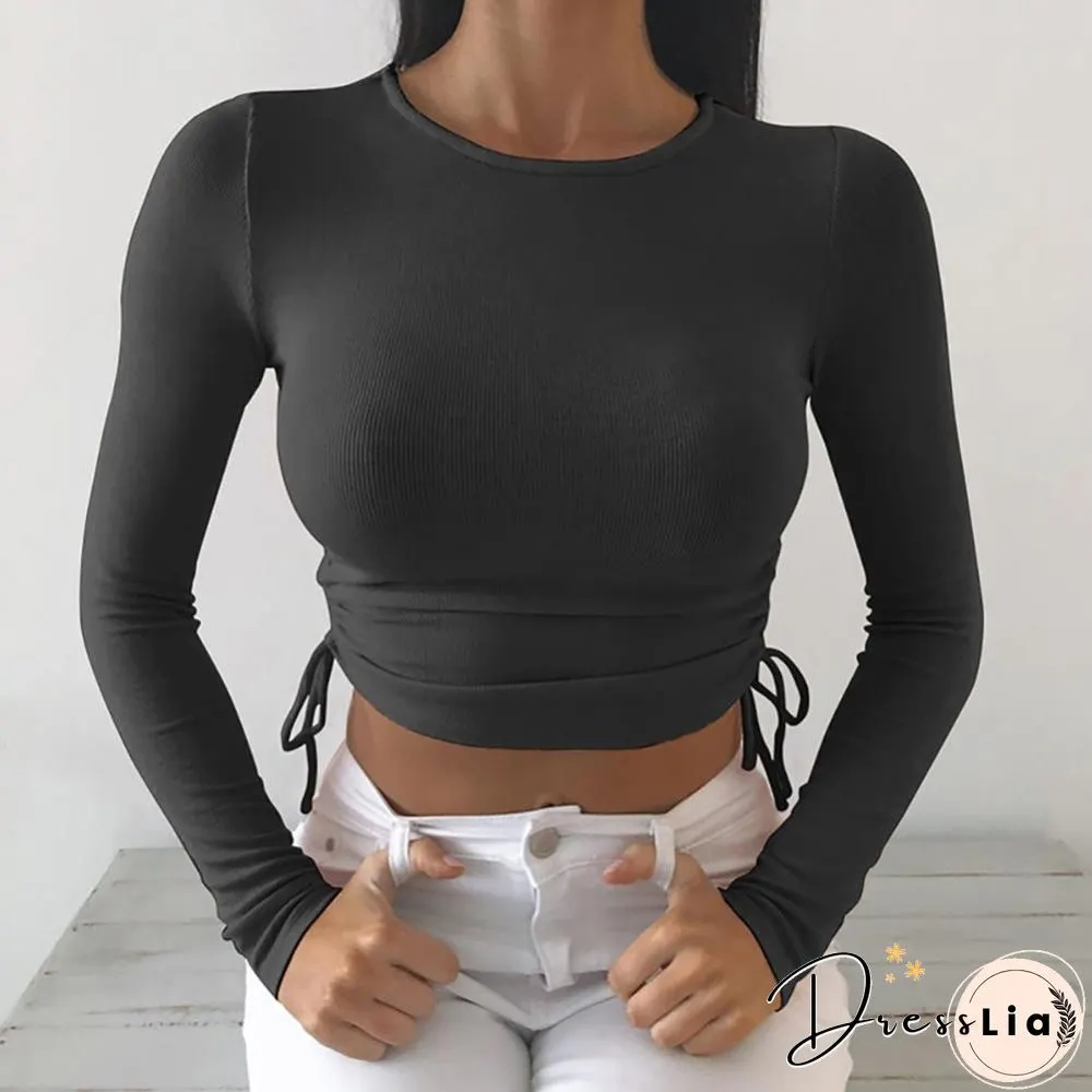 Casual Solid O-Neck Long Sleeve Crop Top Women Side Drawstring Ruched White T-Shirt Female Tee Shirt Top For Women Clothing