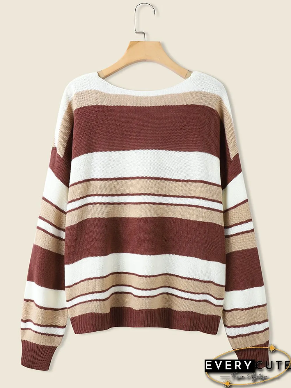 Ombre Stripe Loose Dropped Shoulder V-neck Long Sleeve Sweater