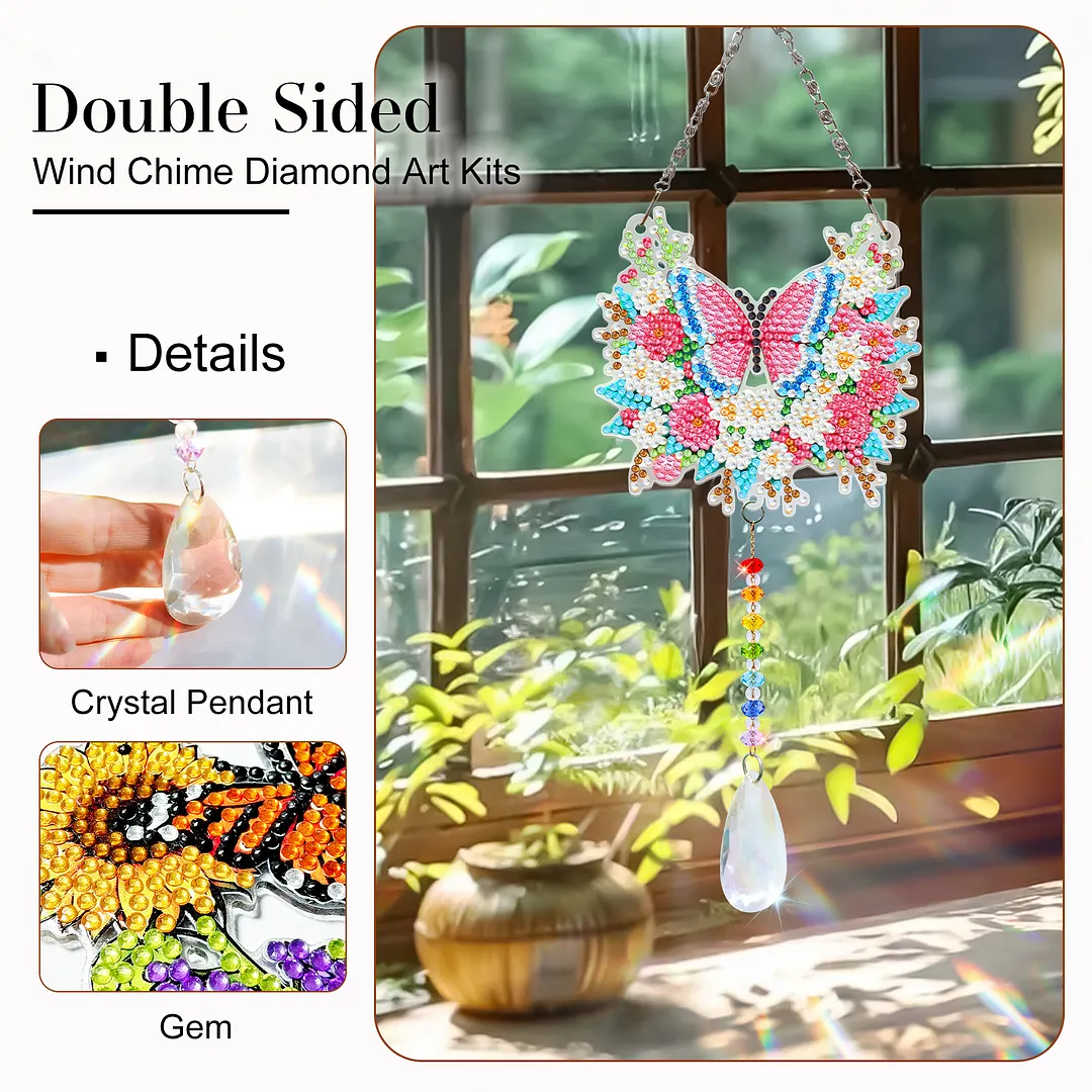 2Pcs Flowers and Butterflies DIY Acrylic Diamond Painting Art Wind Chimes with Crystal Pendant Diamond Art Hanging Pendant Double-Sided for Adults Beginners Gift Home Garden Decor