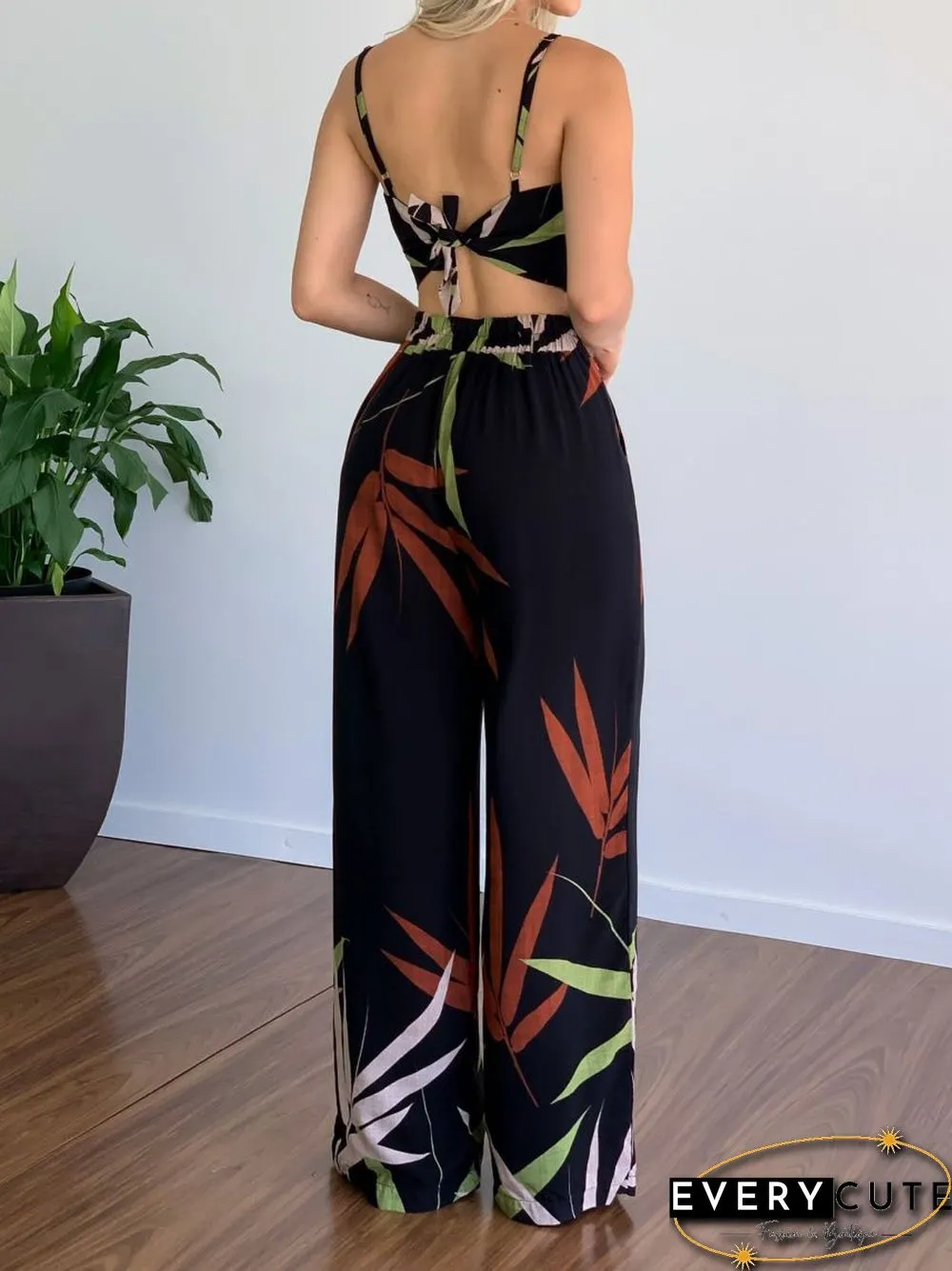 Women'S Sets V-Neck Cropped Tank Top & Printed Wide-Leg Pants Two-Piece Set