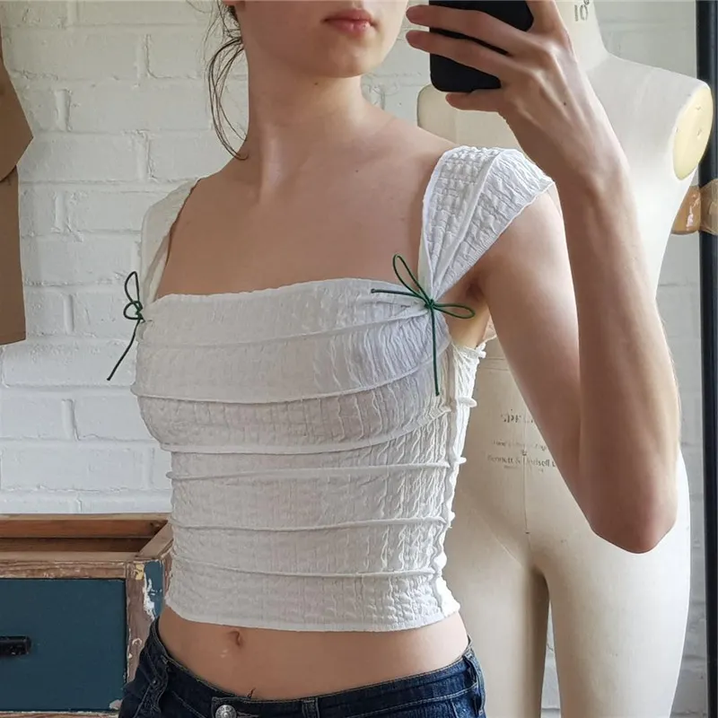 Uveng Uveng Summer Fashion Sexy Crop Square Collar Stripe Pleated Slim Short Sleeveless Vest