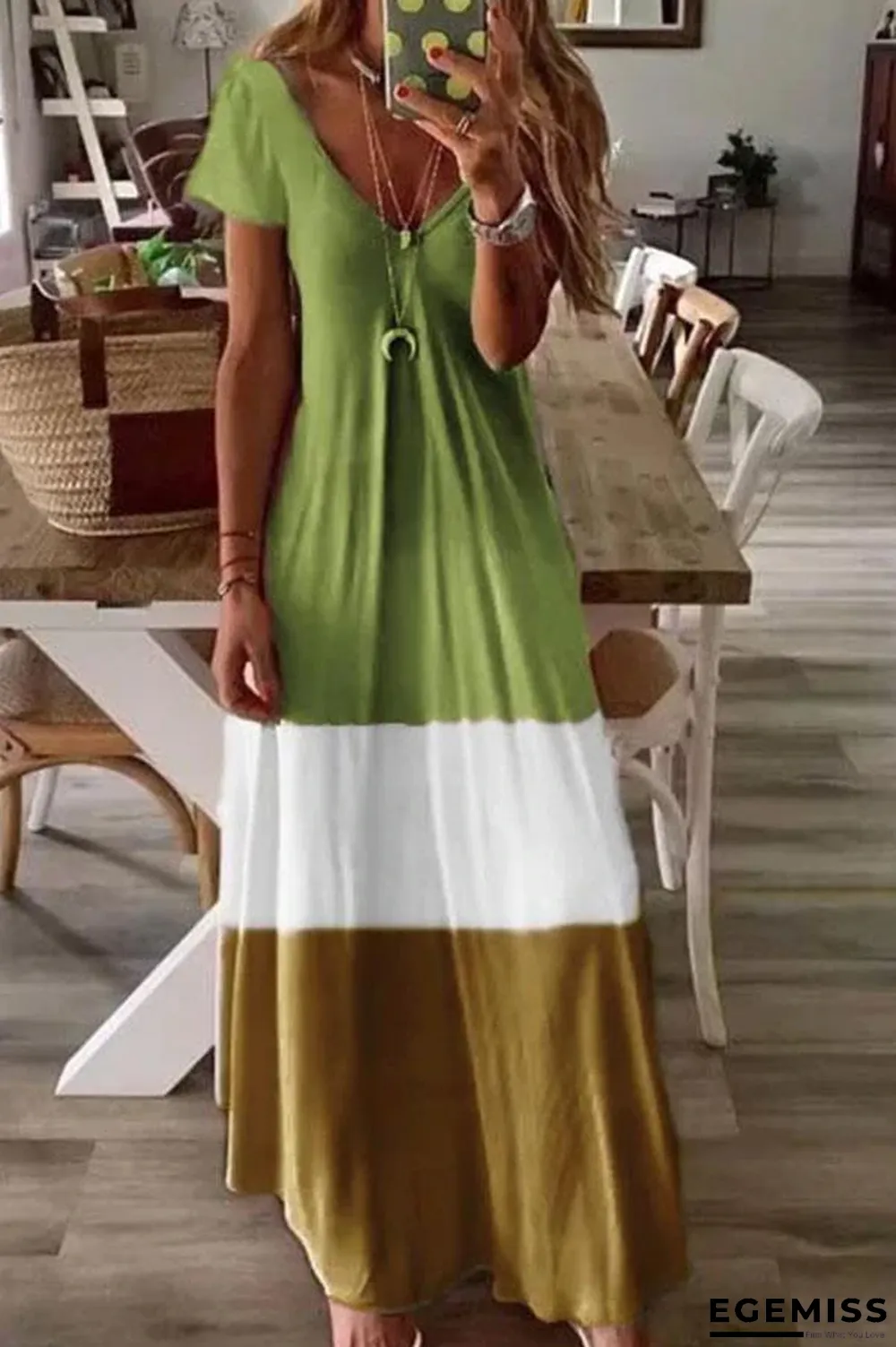 Color-block V-neck Short Sleeves A-line Holiday Maxi Dress | EGEMISS