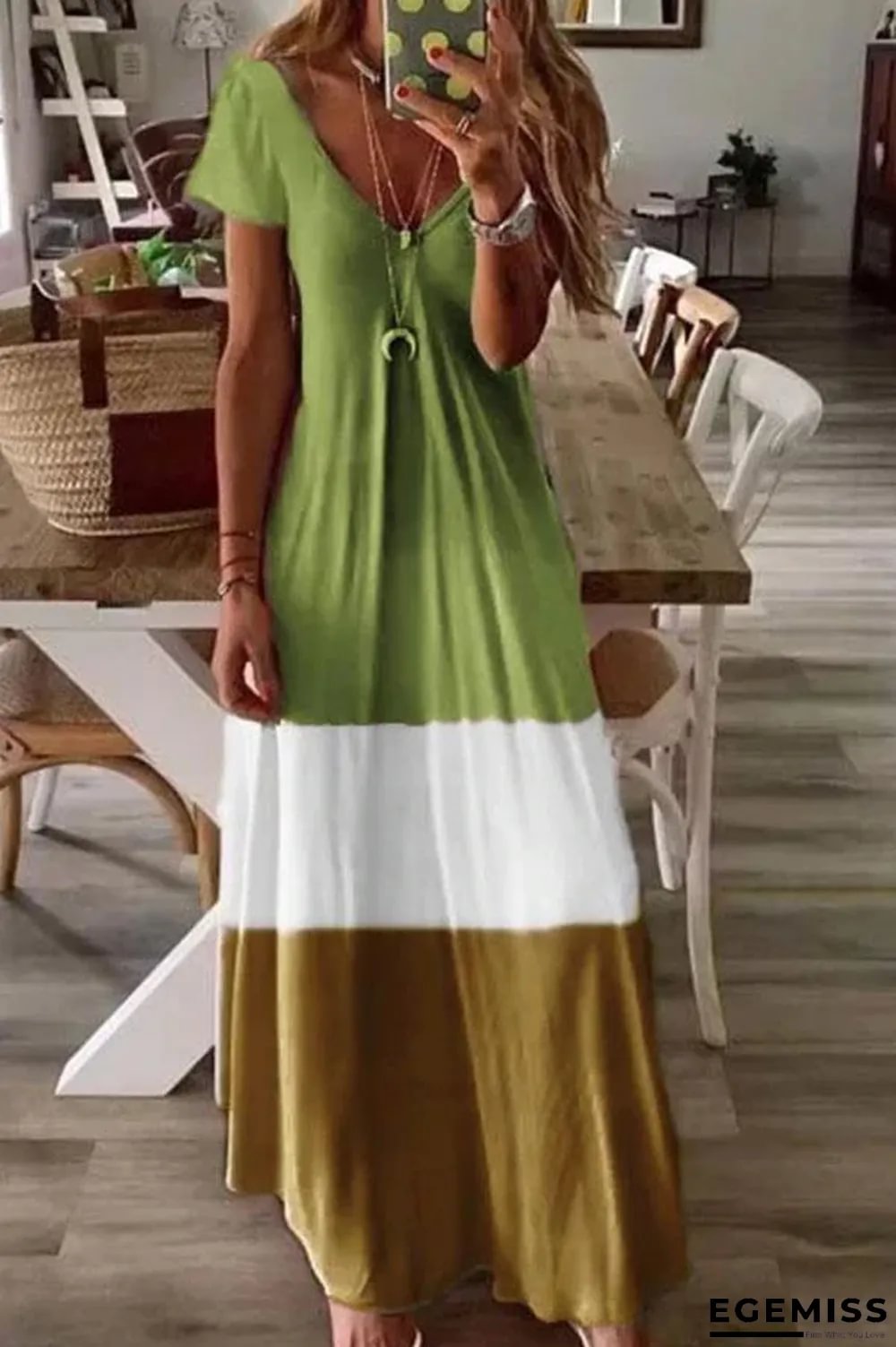 Color-block V-neck Short Sleeves A-line Holiday Maxi Dress | EGEMISS