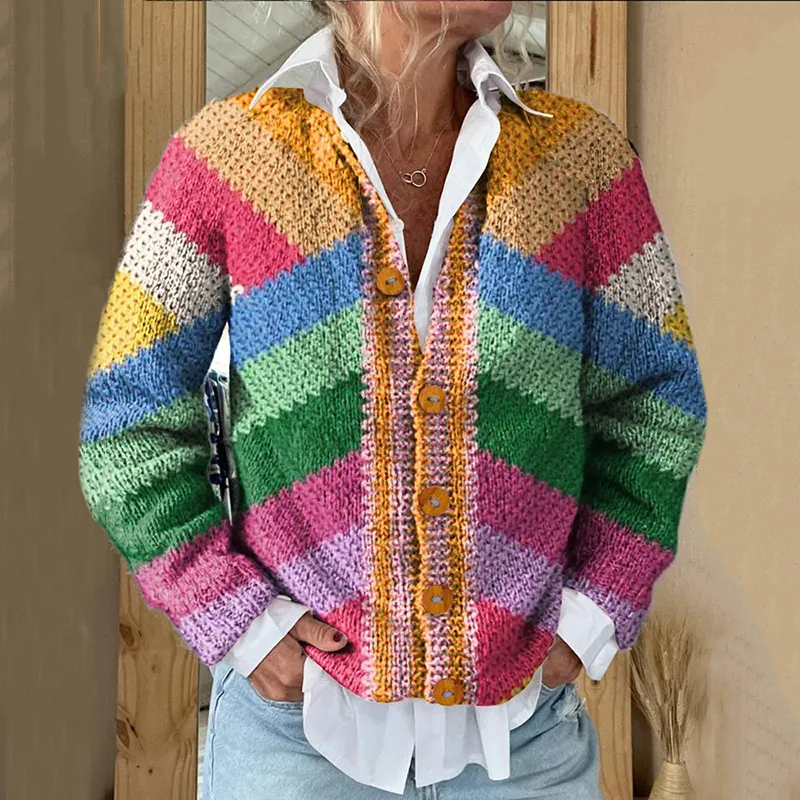 Vintage Striped Geometric Pattern Art Print Knitted Cardigan