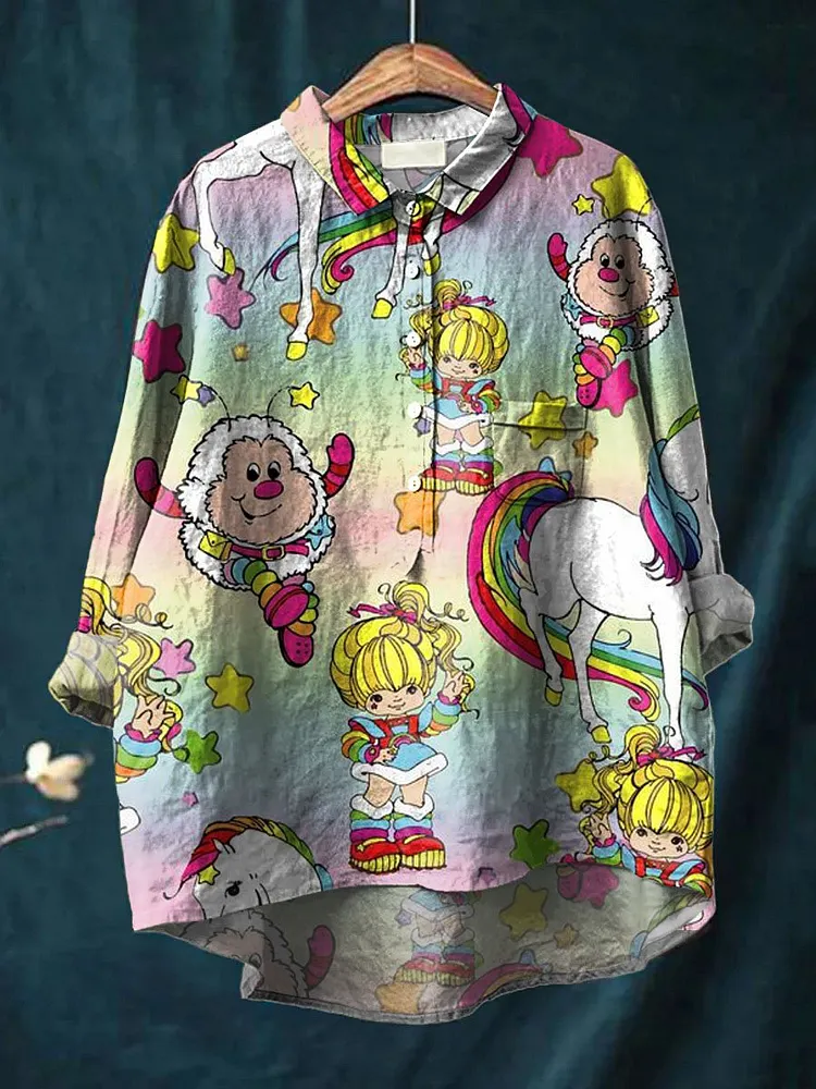 Vintage 1980 Rainbow Girl Cartoon Pattern Art Print Casual Cotton And Linen Shirt