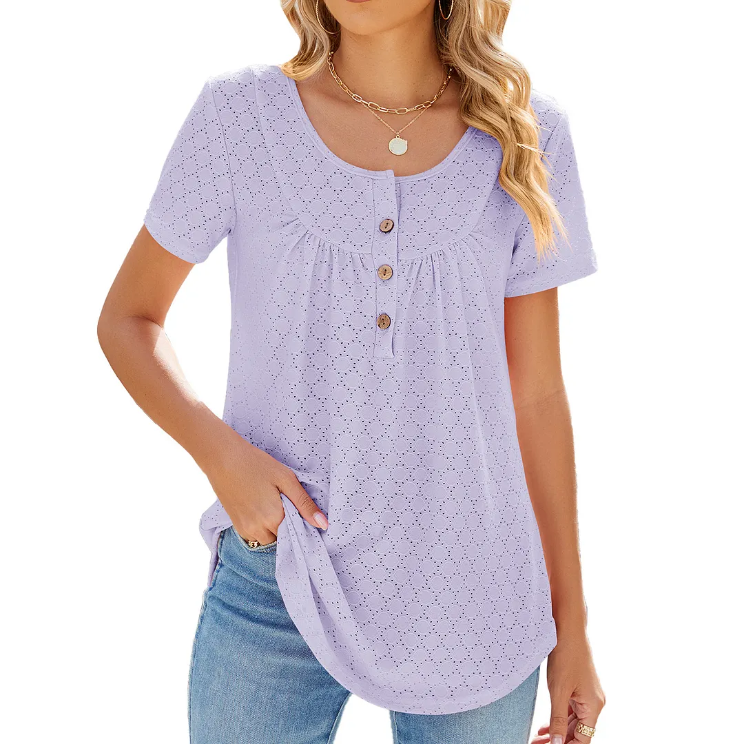 Churchf Churchf 2024 New Circle Draw Pleated Button Short Sleeve Swallow-Tailed T-Shirt Top
