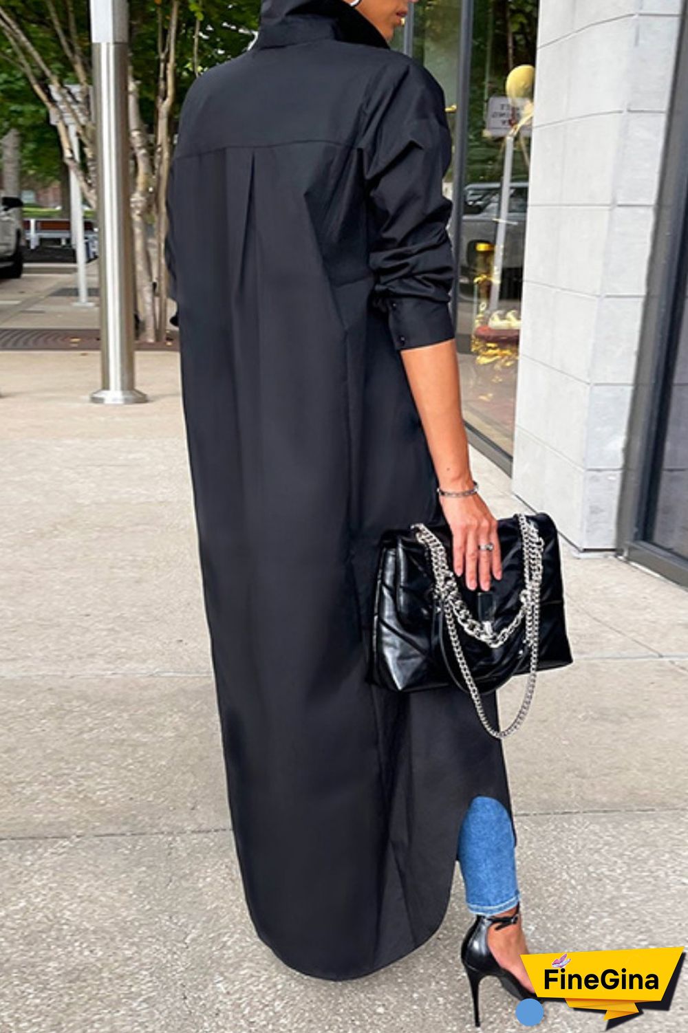 Grey Casual Solid Patchwork Shirt Collar Shirt Dress Dresses
