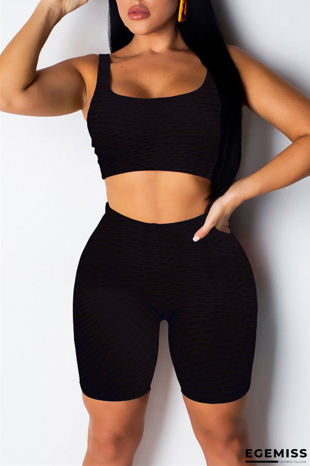 Black Casual Sportswear Solid Vests U Neck Sleeveless Two Pieces | EGEMISS