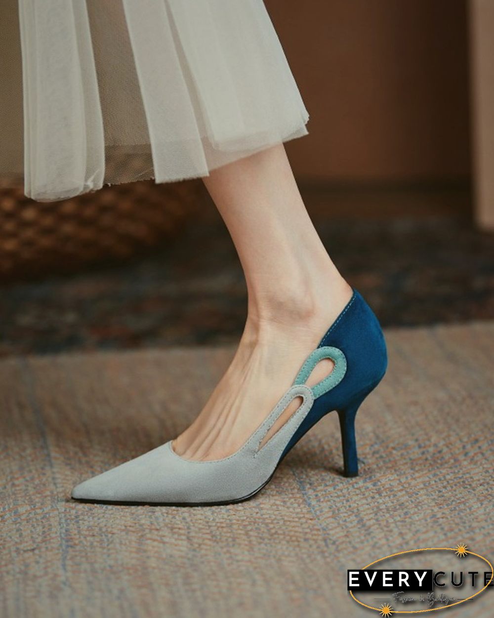 Colorblock Cut-out Suede Leather High Heel Sandals
