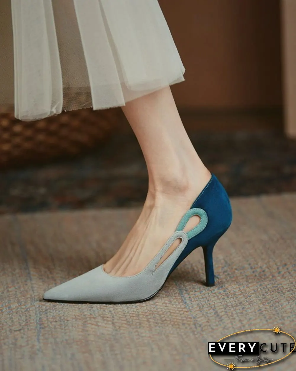 Colorblock Cut-out Suede Leather High Heel Sandals