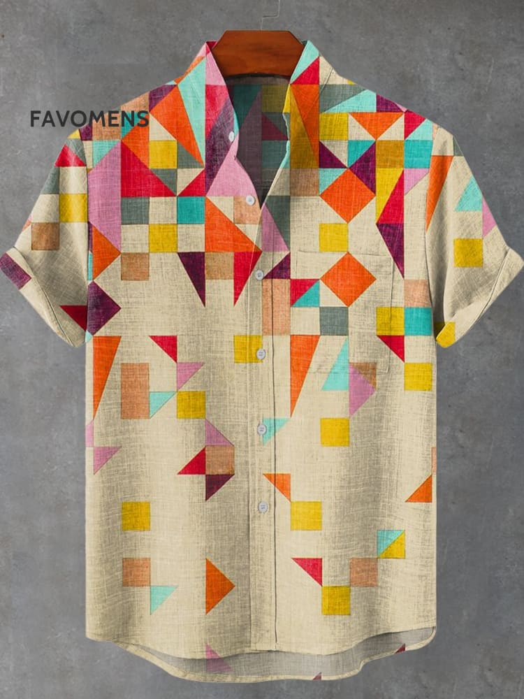 Colored Geometry Vintage Print Casual 100% Cotton Shirt Multicolor / S