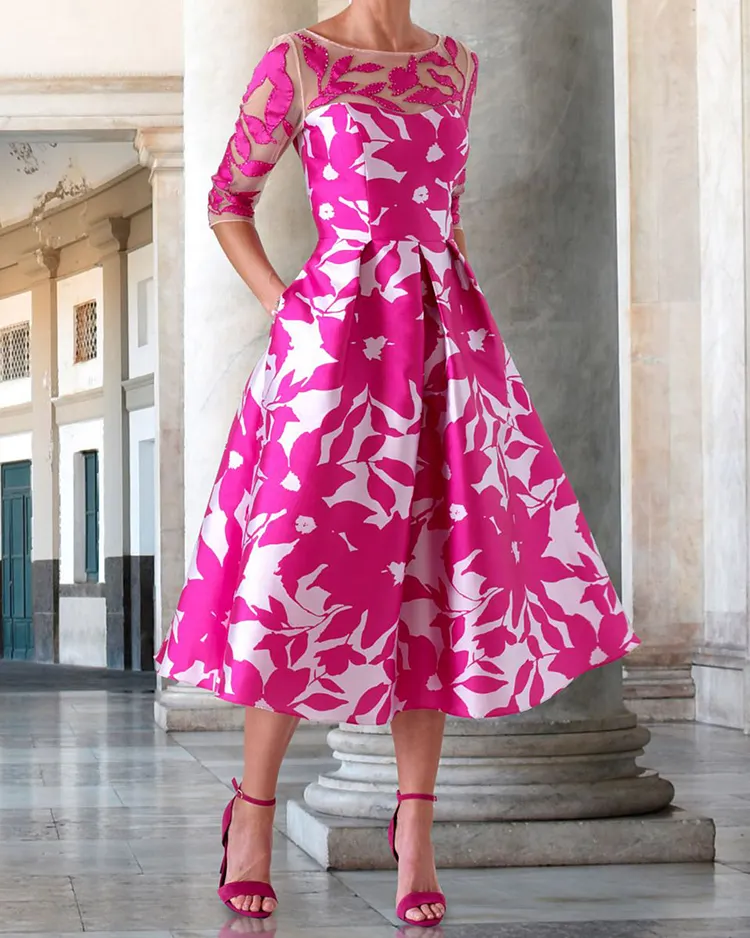 Elegant print waist crisp holiday dress - 01