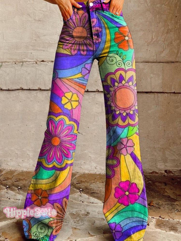 Women&rsquo;s Vintage Hippie Vibes Floral Pattern Print Casual Wide Leg Pants Multicolor / Xs
