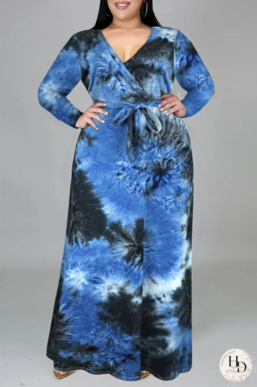 Colour Fashion Casual Print Tie-dye V Neck Long Sleeve Plus Size Dress