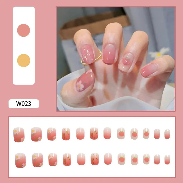 24pcs/box Fake Nails With Glue Yellow Flower Printed Type Short Paragraph Fashion Manicure Press On False Nails Gifts For Girls-Nail Inspo