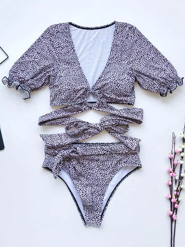 Floral-Print Short Sleeves Split Bikini Swimsuit