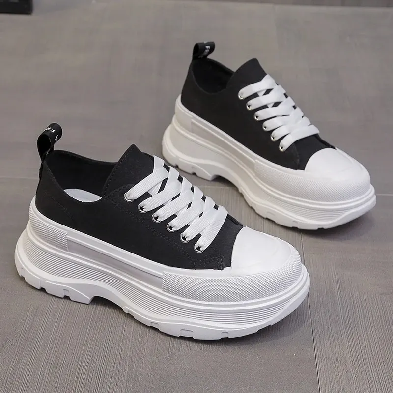 Yyvonne Canvas Chunky Platform Sneakers Woman Spring Summer Thick Bottom Sport Shoes Women Black White Lace Up Skateboard Mujer