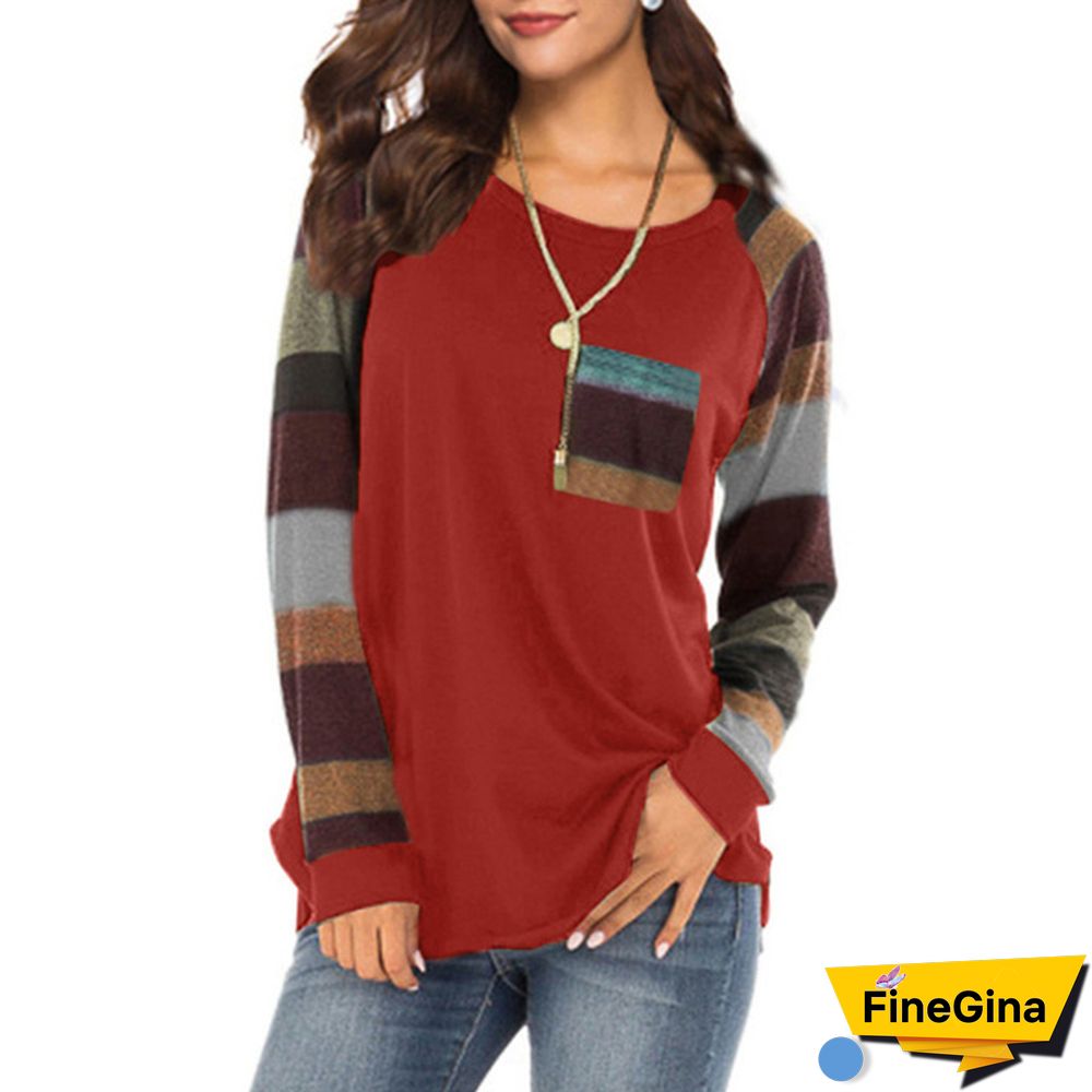 Women Spring-Autumn Stripe Sleeve Patchwork Casual Top T-Shirt Loose Long Sleeve Blouse S-XXL
