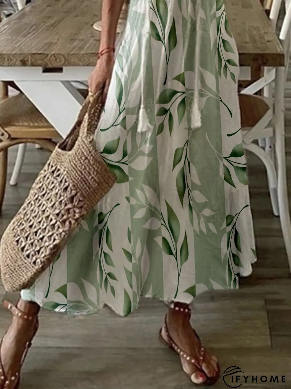 V Neck Leaves Half Sleeve Casual Dress | IFYHOME