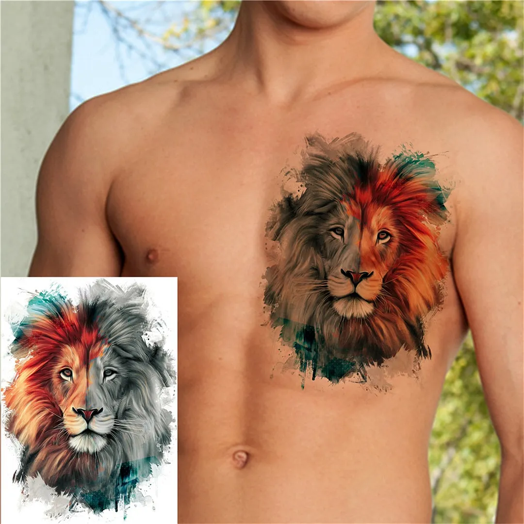 3D Lion Tiger Temporary Tattoos For Men Women Adult Black Wolf Tattoo Sticker Realistic Fake Bear Mountain Disposable Tatoo Body
