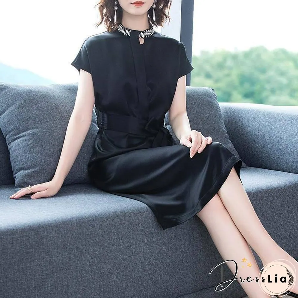 Spring Midi Black Dresses Women Short Sleeve Belt Satin Vintage Elegant Fashion Female Clothing Office Lady Party Summer