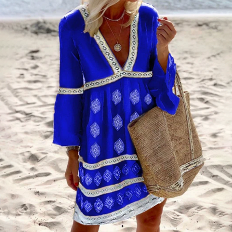 Boho V-neck Print Mini Dress