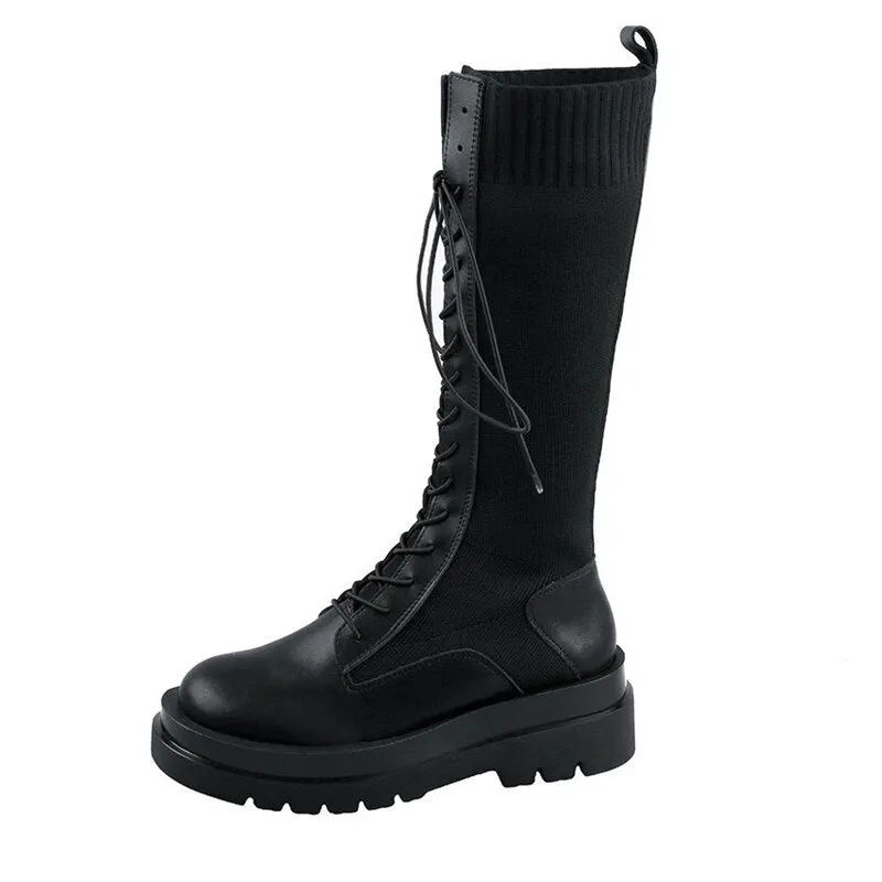 New Women Boots Mid Calf Boots Solid Color Lace Up Female Boots Platform Non Slip Zipper Ladies Fashion Motorcycle Shoe 2021