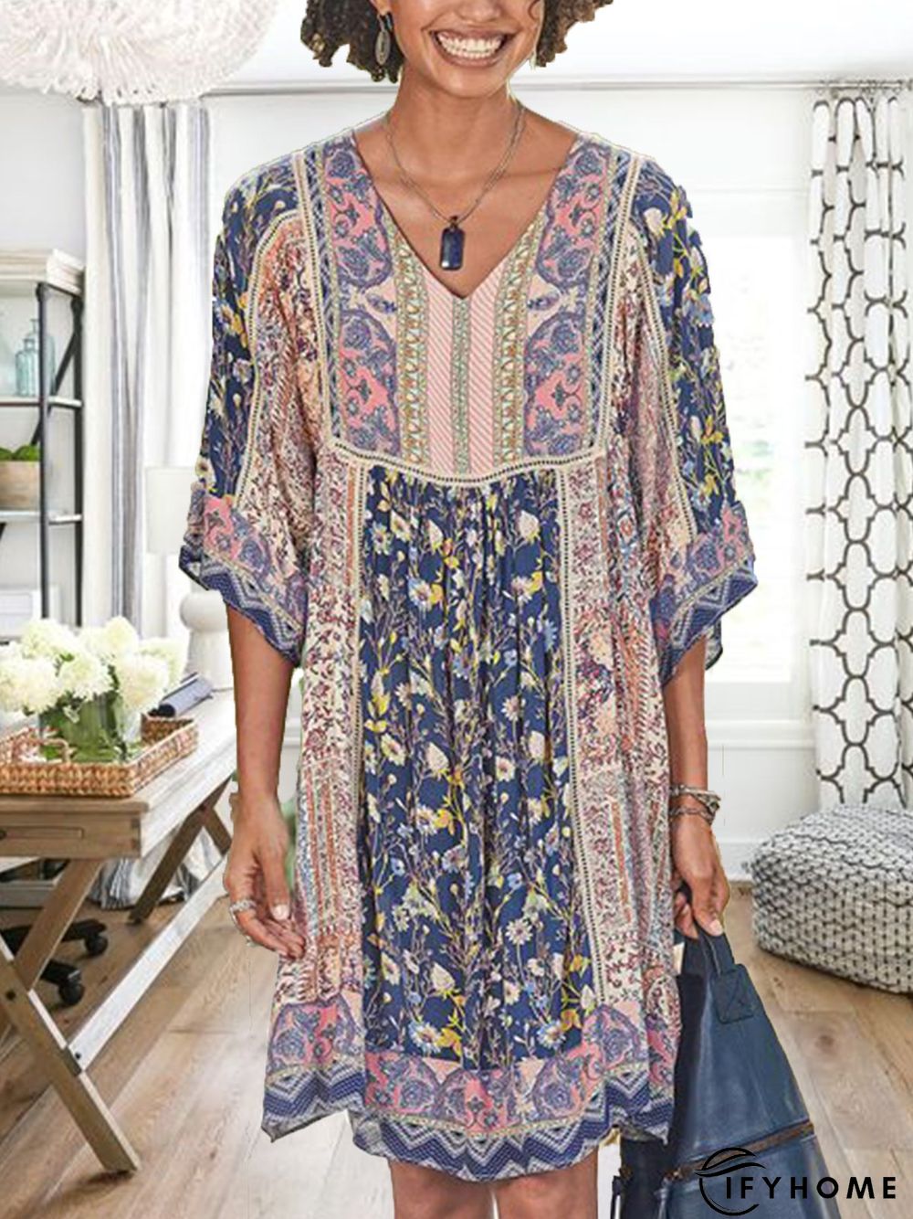 Women Casual Half Sleeve V Neck Women Dress | IFYHOME