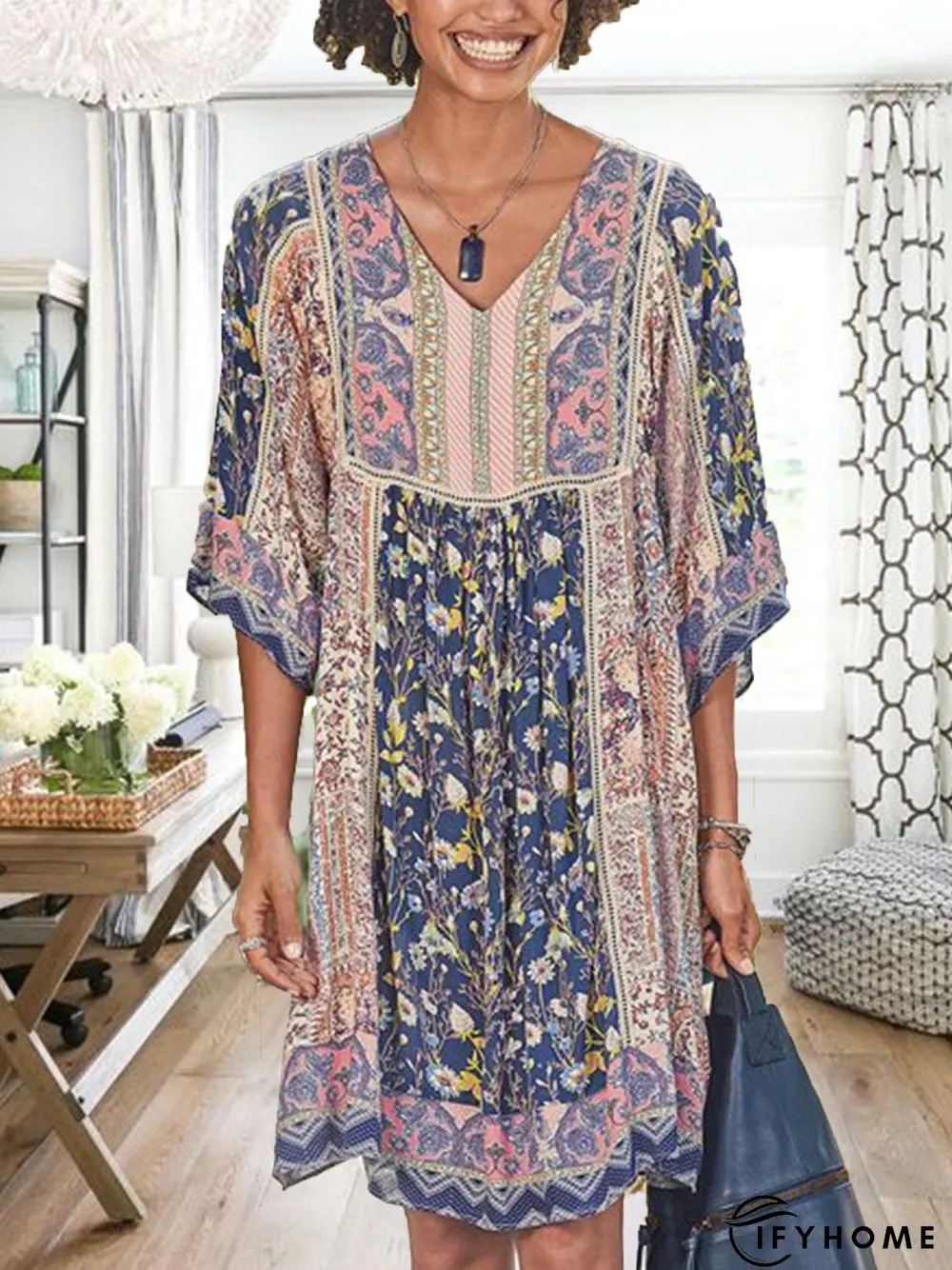 Women Casual Half Sleeve V Neck Women Dress | IFYHOME