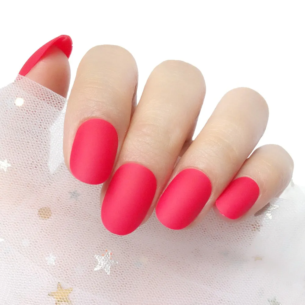 24Pcs Matte Dark Red Artificial Fake Nails Press On Short False Nails With Glue Sticker Full Cover Finger Tips Manicure Tool-Nail Inspo