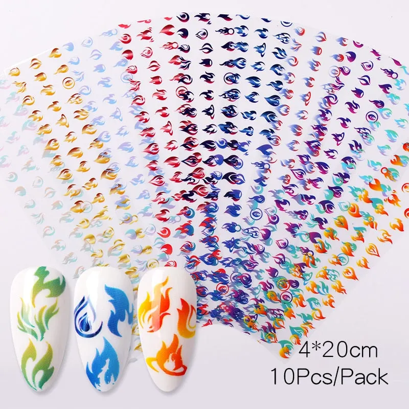 10pcs Luminous Fire Butterfly Nail Foil Set Nail Art Transfer Sticker Decals Yellow Blue Transfer Slider Paper Decoration