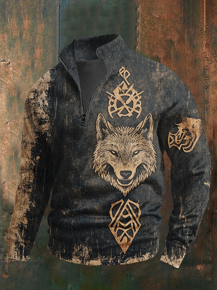 Men'S Viking And Wolf Print Zip-Up Sweatshirt