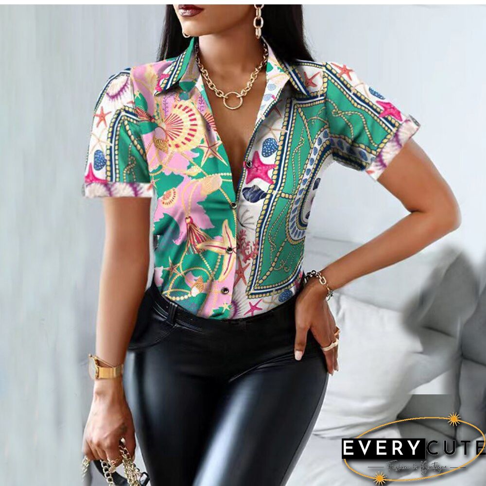 Summer Women Black Floral Print Top Shirt Fashion Casual Short Sleeve Turn-down Collar Tops Shirts New Elegant Slim Button Shirt